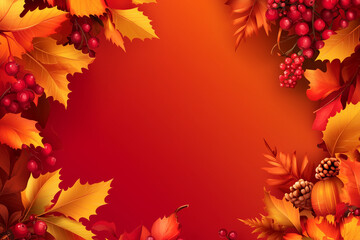 Obraz premium Thanksgiving Background with Autumn Leaves Berries and Space for Text Vector Illustration