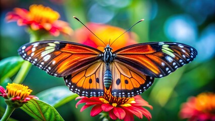 Fototapeta premium A close up shot of a colorful butterfly perched on a flower petal at the Butterfly Pavilion in Westminster Colorado, detailed, flower petal, wildlife, creature, attraction, outdoors