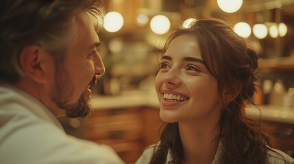 Romantic Couple Sharing Intimate Moment, Illuminated by Warm Lighting in Restaurant Setting