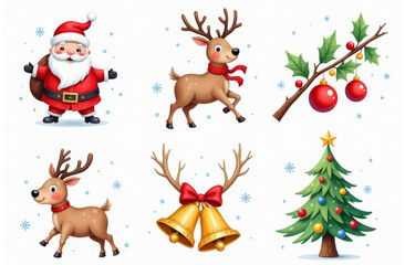 Festive holiday illustrations featuring Santa Claus, reindeer, Christmas tree, and decorations for joyful celebrations