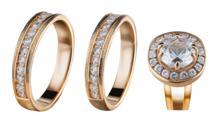 Elegant Gold and Diamond Rings Set on Transparent Background