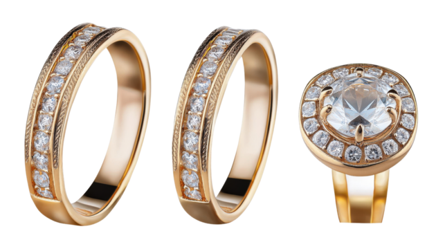 Elegant Gold and Diamond Rings Set on Transparent Background