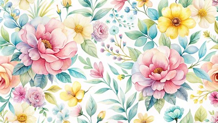 A delicate watercolor floral pattern featuring pastel pink and yellow flowers, lush green leaves, and intricate botanical details.