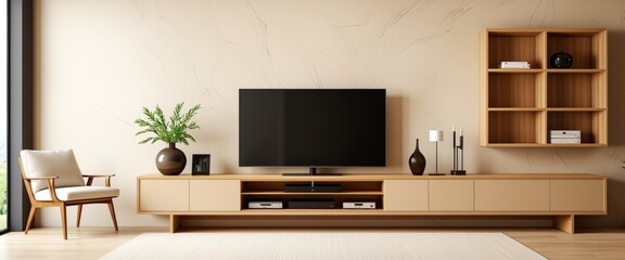 TV Cabinet Against the Wall in 3D Modern Interior with Wooden Table