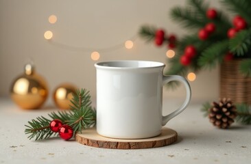 A cozy white mug with pine branches and ornaments, set against a festive backdrop with soft lights during the holiday season