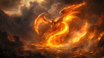 A powerful elemental being made of fire and stone emerging from a volcanic landscape