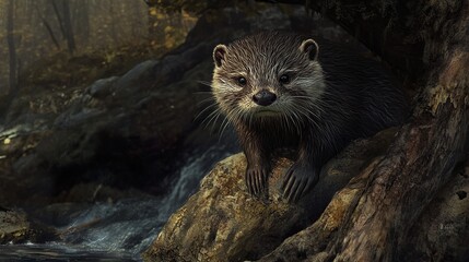 Obraz premium Close Up Portrait of a River Otter in its Natural Habitat