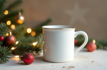A warm white mug surrounded by Christmas decorations on a cozy table with lights and ornaments in a festive atmosphere