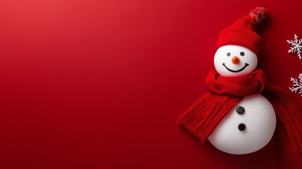 A cheerful snowman with a red hat and scarf, smiling against a vibrant red background, representing winter joy, holiday spirit, and festive decoration.