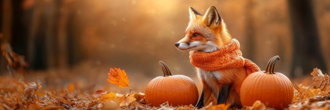 A charming red fox wearing a knitted scarf sits amidst pumpkins in a beautiful autumn forest, symbolizing warmth, nature, fall season, wildlife, and cuteness.