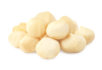 Pile of peeled macadamia nuts isolated on white