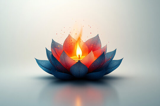 Colorful lotus flower logo with glowing flame and ample copy space, suitable for various uses. Minimal diya design on white background for Diwali greeting.