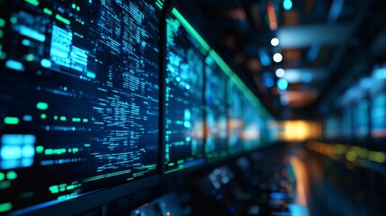 A futuristic mining control room with rows of screens displaying complex data, highlighting advanced technology, automation, and the control of mining operations.