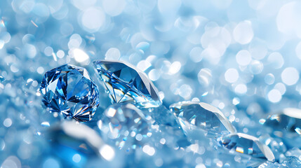 Shining blue diamonds on shiny background close-up with copy space, jewelry banner with space for text