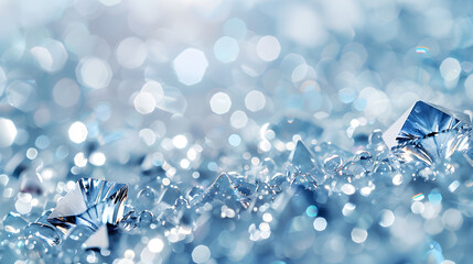 Shining blue diamonds on shiny background close-up with copy space, jewelry banner with space for text