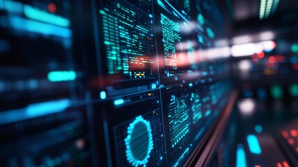 Obraz premium A futuristic mining control room with a wall of glowing data displays, showcasing real-time information, advanced technology, and the future of resource extraction.