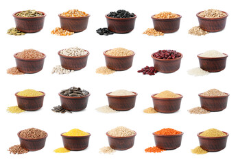 Different cereal grains, seeds and beans in bowls on white background, collection