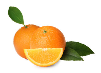 Fresh ripe oranges and green leaves on white background. Citrus fruit