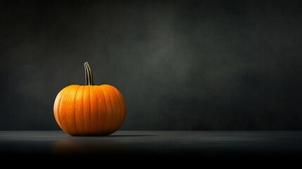 A lone pumpkin sits on a dark background, symbolizing autumn, harvest, Halloween, and the anticipation of the unknown.
