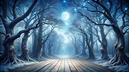 A Mystical Woodland Path Under a Full Moon, Illuminated by Stars, Where Ancient Trees Stand Tall and the Ground is Covered in a Soft Layer of Frost.