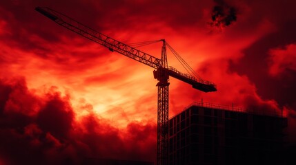 Fototapeta premium A silhouette of a large red crane sitting atop a building, against a dramatic red sky. The image symbolizes construction, progress, power, ambition, and hope.