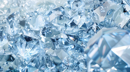 Shining blue diamonds on shiny background close-up with copy space, jewelry banner with space for text