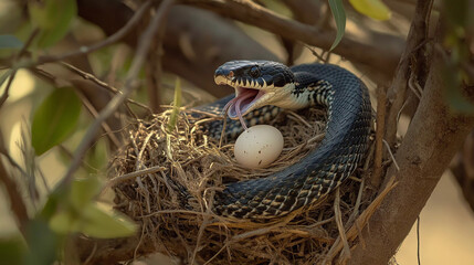 Snake eating bird eggs in nest