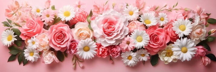 A vibrant and delicate bouquet of pink roses and white daisies arranged on a soft pink background, symbolizing love, beauty, purity, and new beginnings.