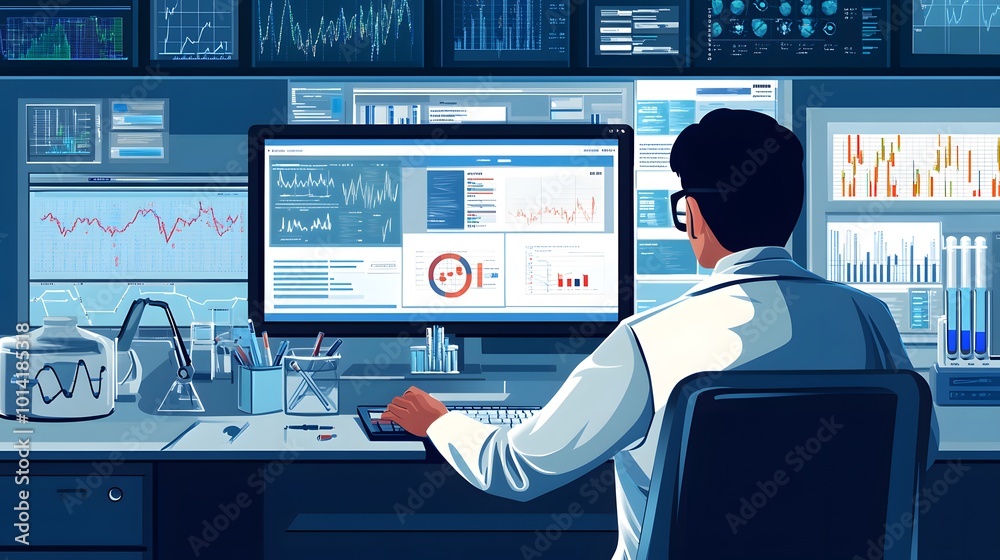 Poster a man in a white lab coat analyzing data on multiple computer monitors