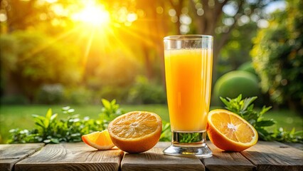 Fototapeta premium A refreshing glass of orange juice on a wooden table with fresh orange slices and green foliage, bathed in the warm glow of a summer sunset.