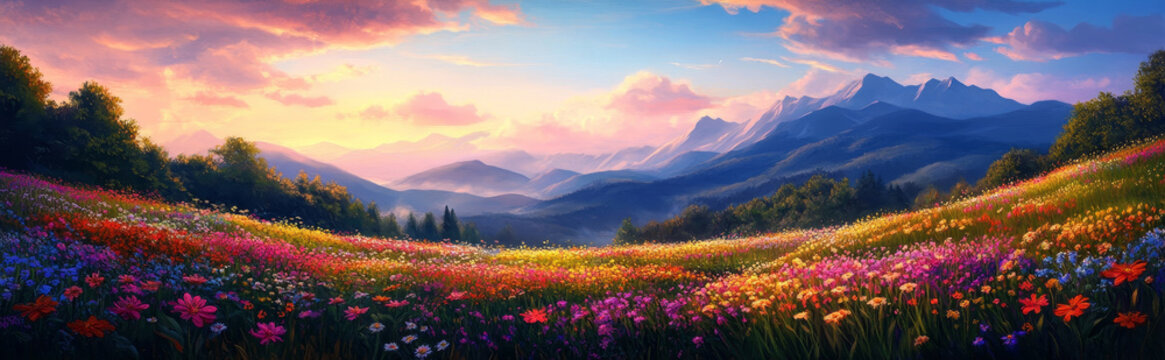 A vibrant sunset casts its warm glow over a picturesque meadow, bursting with colorful wildflowers and stretching towards a majestic mountain range, evoking feelings of peace, tranquility, and the bea
