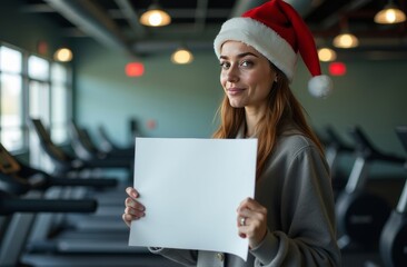 Festive woman wearing a Santa hat holds a blank sign in a modern gym during holiday season