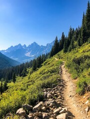 Fototapeta premium A winding hiking trail leads through rocky terrain, offering breathtaking views of majestic mountain peaks. The path winds its way upwards, promising an adventurous journey to the summit.