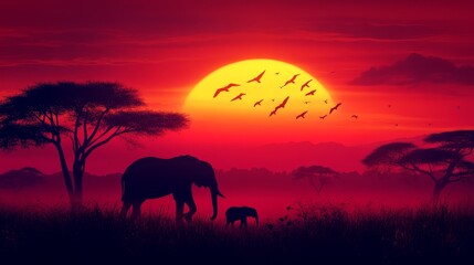 Fototapeta premium An adult elephant and its calf walk across a savanna landscape as the sun sets behind them. The silhouette of the elephants against the vibrant orange sky creates a powerful image symbolizing family,