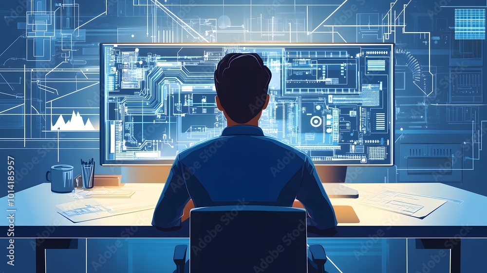 Poster a man sitting in front of a computer screen displaying complex circuitry