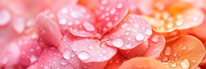 Dewdrops on Soft Pink and Orange Flower Petals, a beautiful macro image capturing the delicate beauty of nature. The petals are soft and velvety, covered in glistening dewdrops that create a sense of 