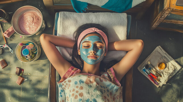 Top view of girl having blue facepack on face