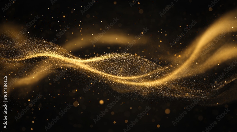 Wall mural golden dust swirls magically in the air against a black background, creating a festive and enchantin