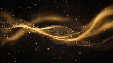 Golden dust swirls magically in the air against a black background, creating a festive and enchanting atmosphere