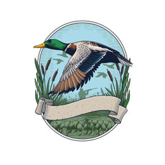 Flying Mallard Duck hunting logo emblem
