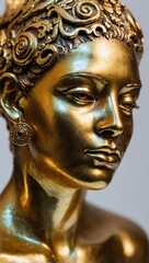 Obraz premium Gold-toned abstract sculpture of a person?s face and neck, modern artistic style.