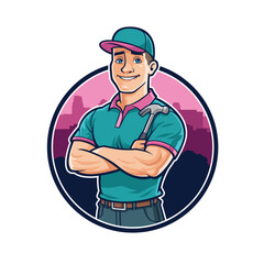 Mascot Design of a Handyman holding a Roofing Hammer with the City Skyline in the background