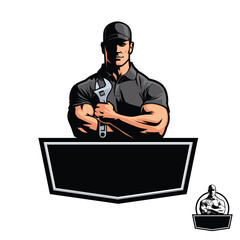 Mascot Design of a strong handyman holding a wrench