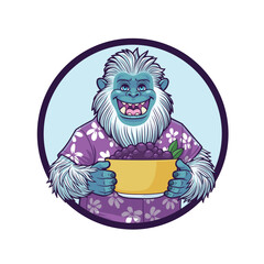 Happy Yeti Holding a Big Bowl of Fruit