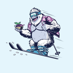 Yeti in Hawaiian Shirt Skiing while Carrying a Bowl of Fruit