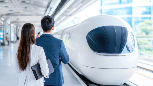 A modern couple waits by a sleek, futuristic train at a station, dressed in business attire, ready for travel.