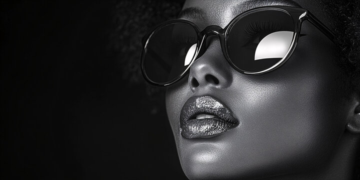 black and white portrait of stylish woman wearing sunglasses with glamorous makeup