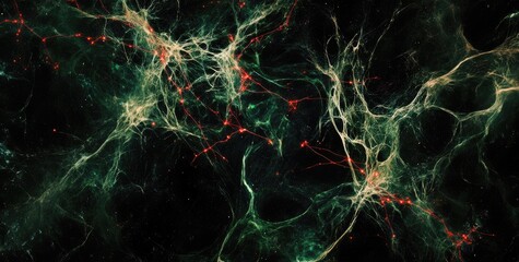 Fototapeta premium Abstract green and red network pattern on black background.