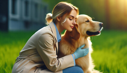 A woman and a girl happily sitting with their golden retriever in a grassy park, enjoying a sunny day with their playful dogs