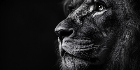 black and white close-up of a lion's face with dramatic lighting